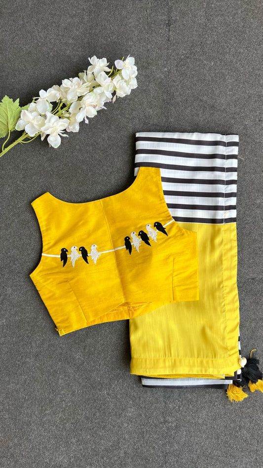 Black & white striped kossa saree with yellow embroidery blouse