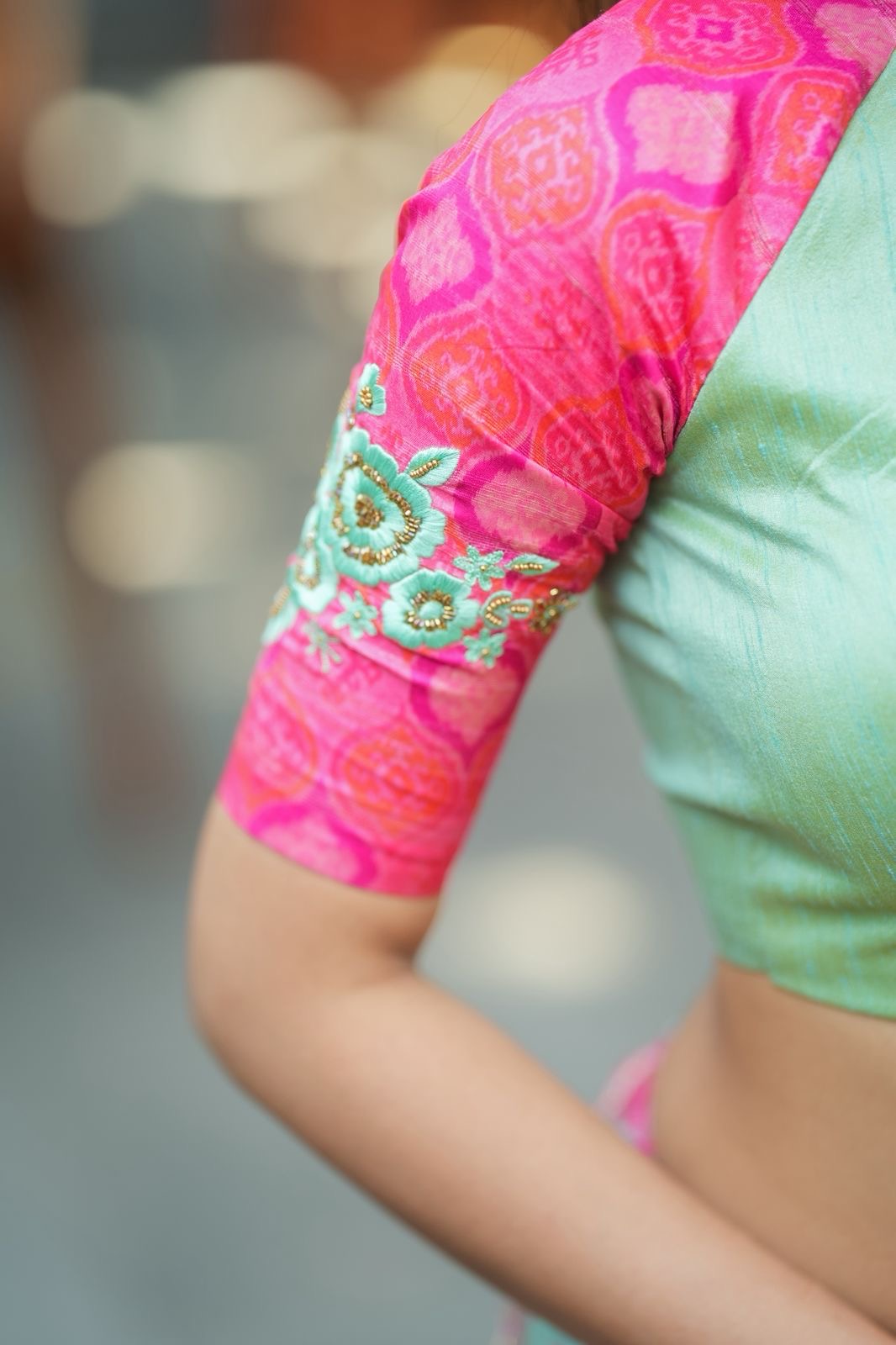 Pink & pista floral hand worked blouse