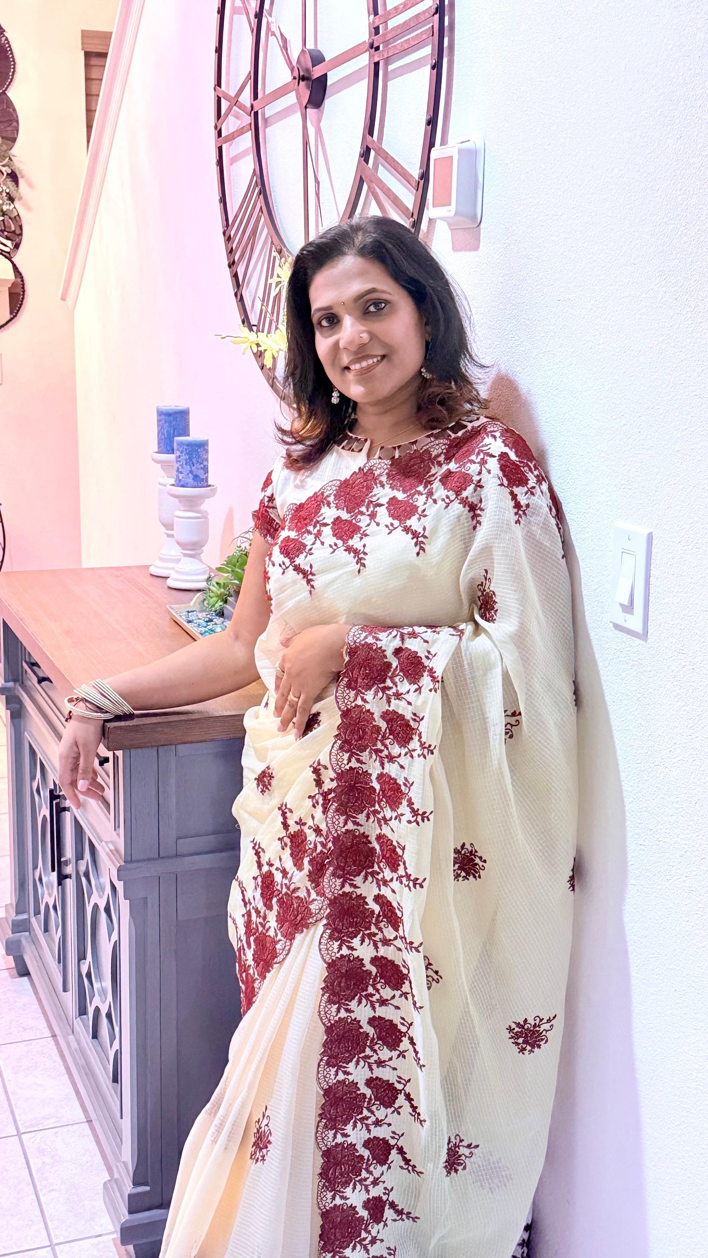 Cream kota cotton saree with mirror work blouse