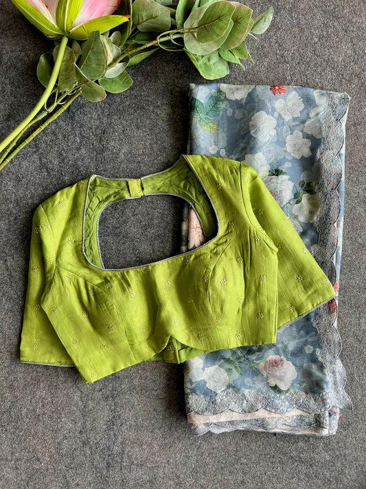 Green soft jute embroidered blouse (only blouse