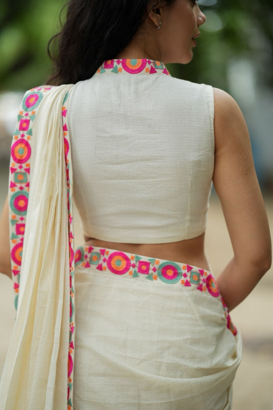 Cream cotton kota saree with embroidery work blouse