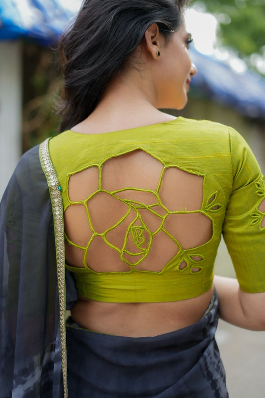 Parrot green silk floral hand work blouse (only blouse )