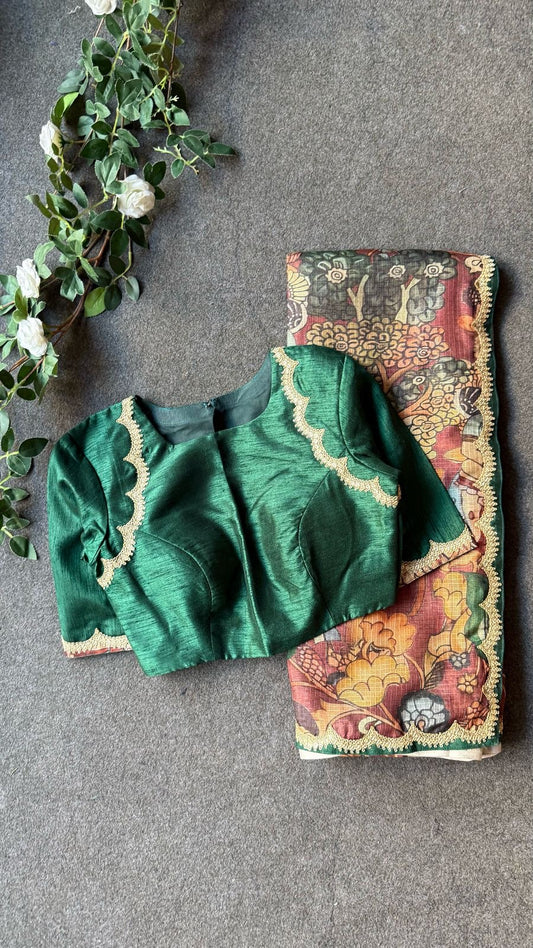 Bottle green silk embroidery blouse