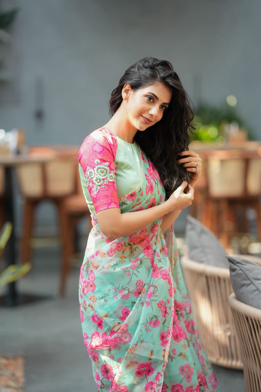 Pista floral organza saree with hand work blouse