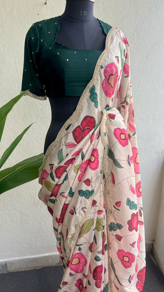 Half white floral kossa saree with green hand worked blouse