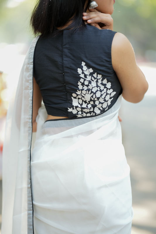 White soft organza saree with embroidery blouse