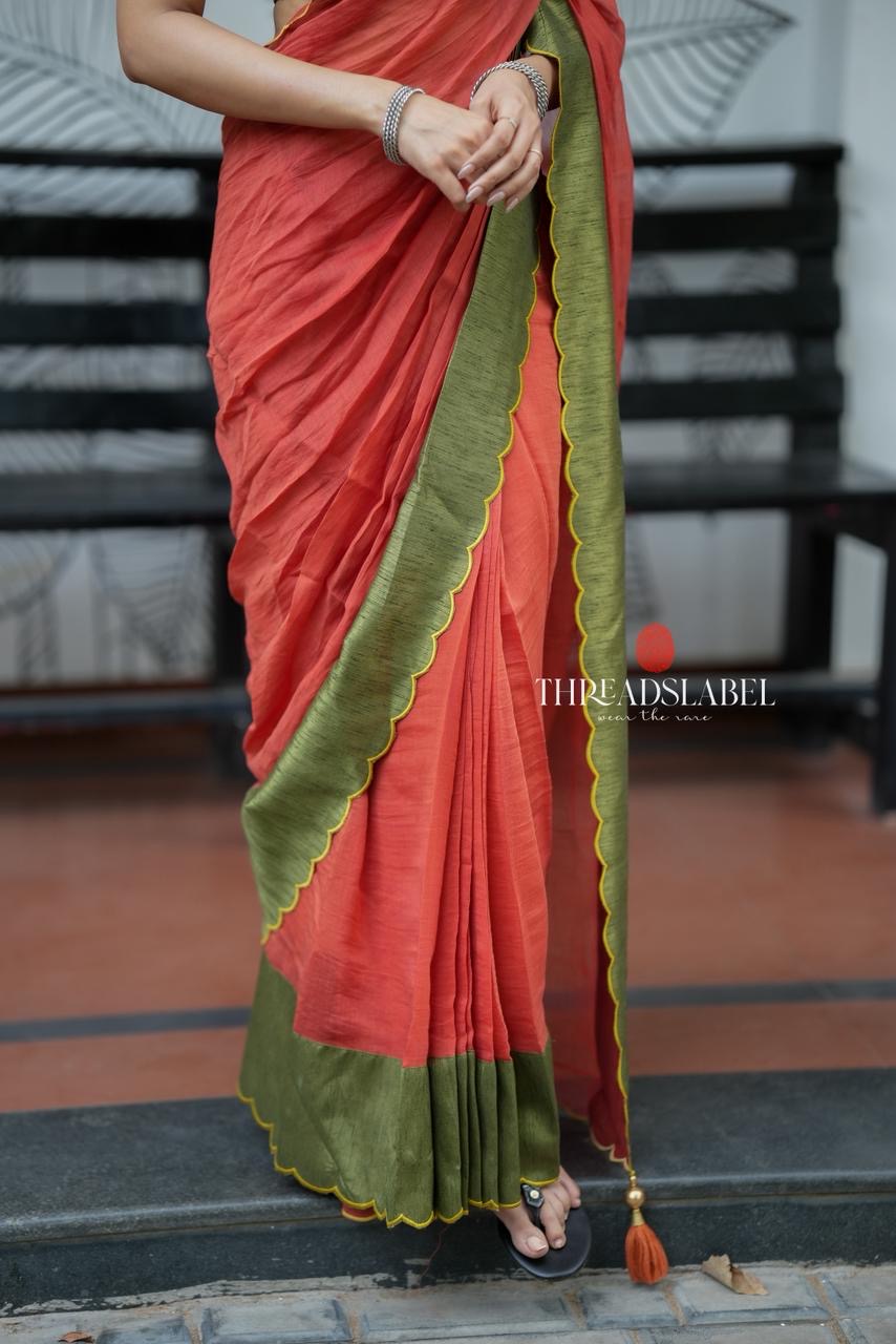 Orange rust mul cotton saree with kalamkari mirror blouse