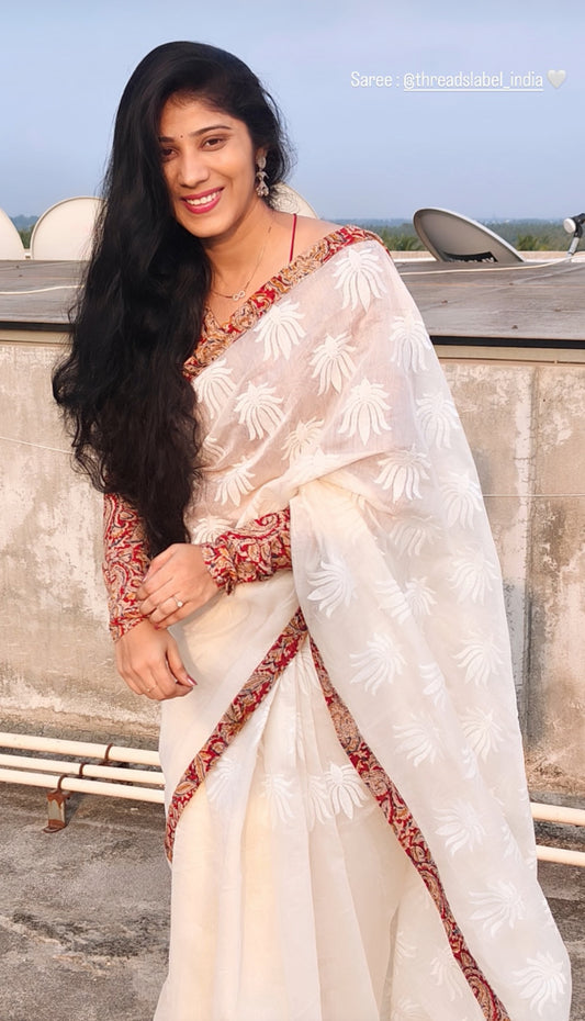 Cream soft floral chanderi saree