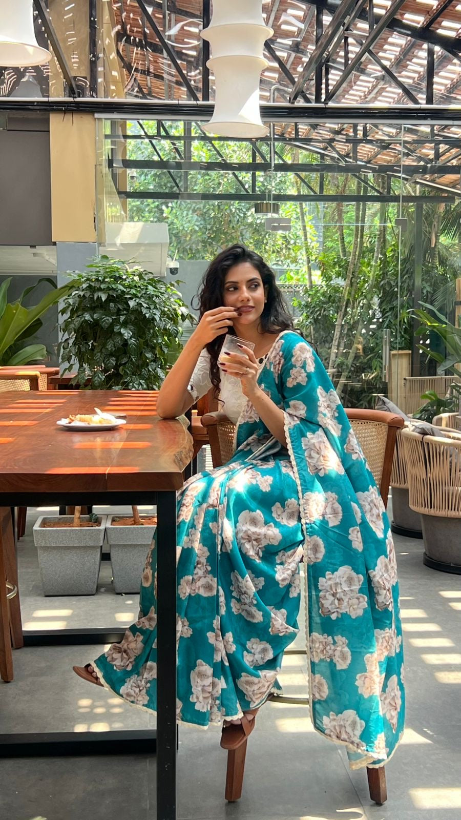 Blue floral soft silk saree with cotton mirror work blouse