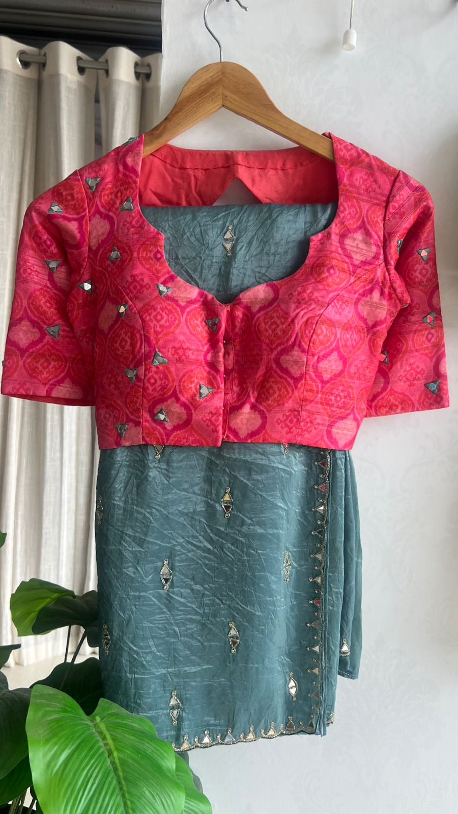 Sea blue tissue mirror work saree with ikkat blouse