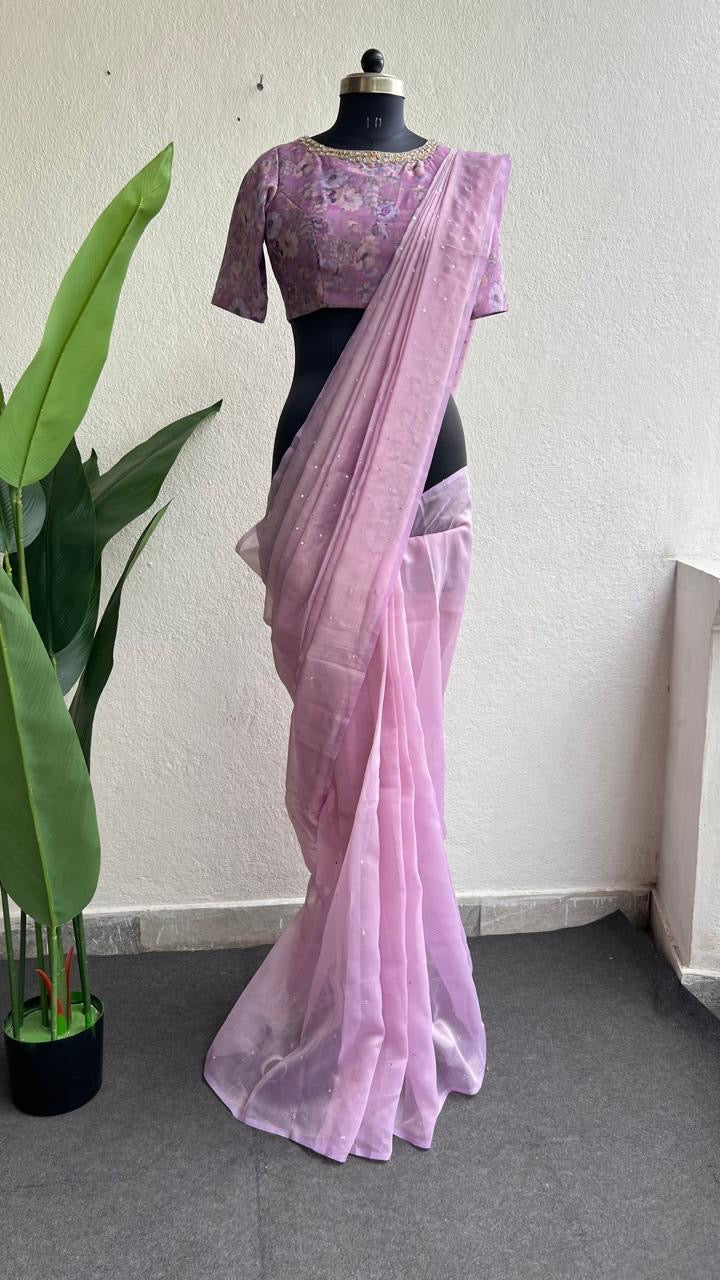 Lavender georgette mirror floral blouse(only blouse)