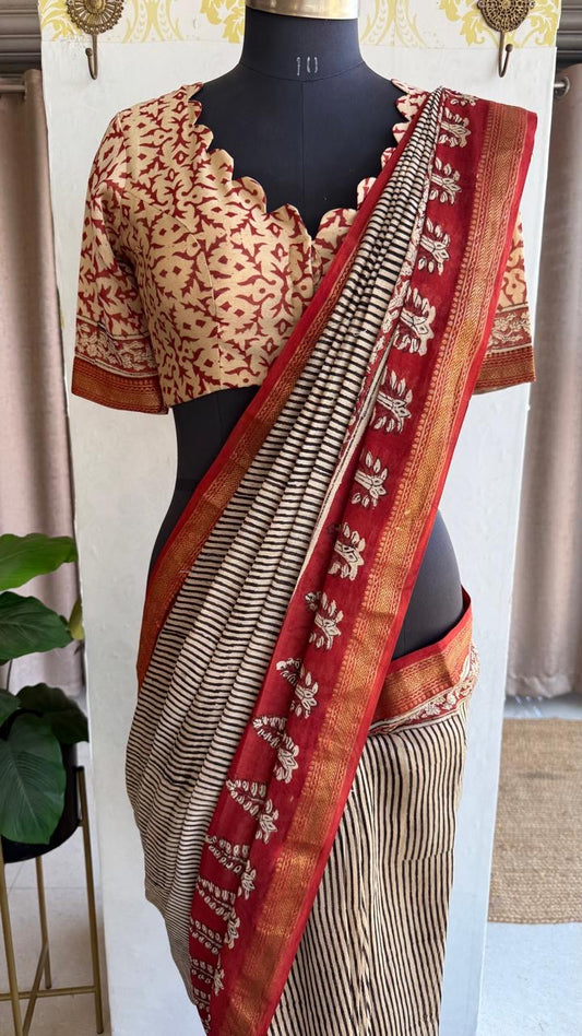 Black & cream stripped cotton saree with blouse