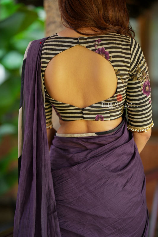 Deep purple mul cotton saree with hand block print blouse