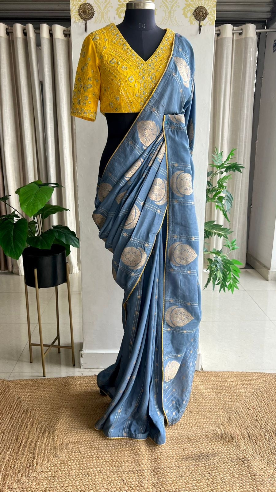 Blue banarasi silk saree with yellow embroidery blouse