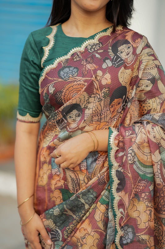 Brown kota kalamkari saree with embroidery blouse