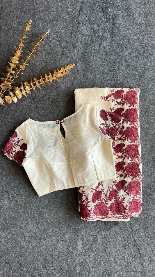 Cream kota cotton saree with mirror work blouse