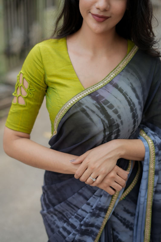 Blue grey georgette saree with silk hand work blouse