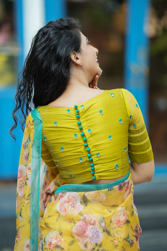 Fenugreek floral saree with hand worked blouse