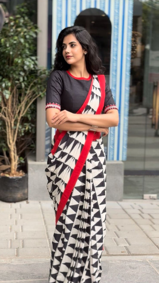 Black & white triangle cotton designer saree