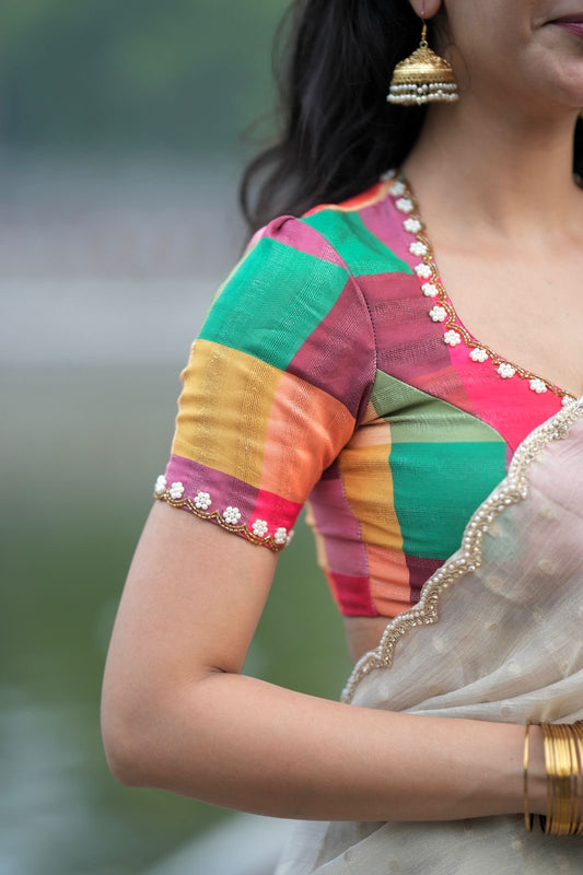 Multi bhagalpuri silk hand work blouse (only blouse)