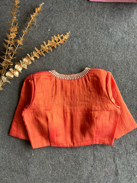 Orange red tissue pearl worked blouse