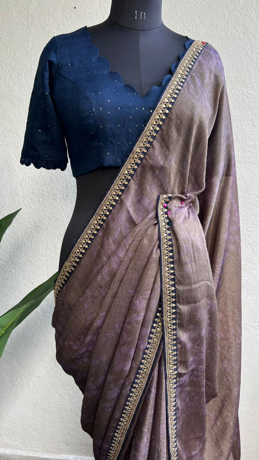 Mettalic gold chiffon saree with blue sequence blouse