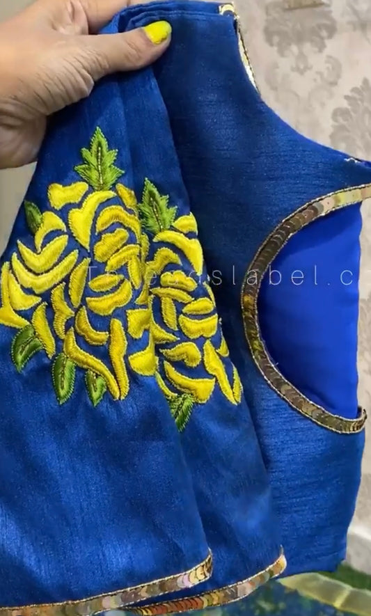 Blue Silk Blouse with Threaded Floral hand work