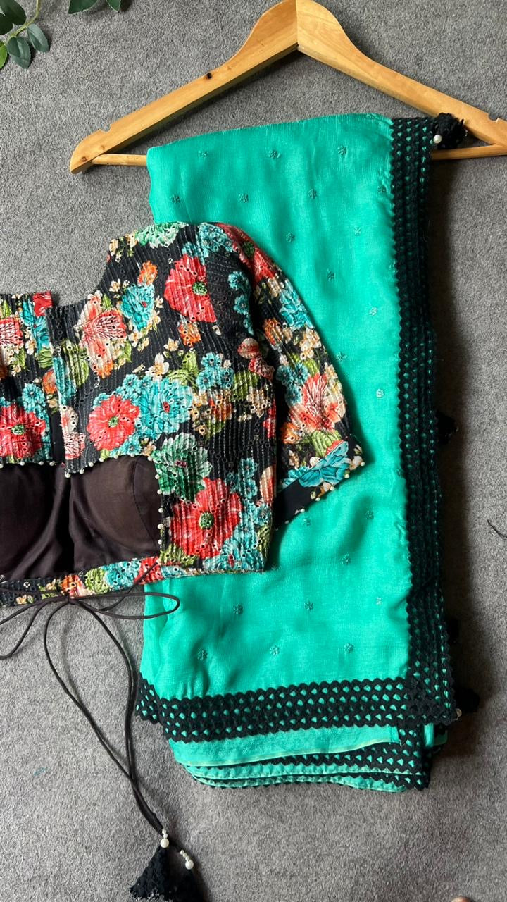 Cyan blue designer saree with hand worked blouse