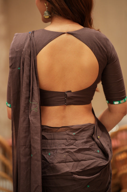 Dark brown mul chanderi with mirror blouse