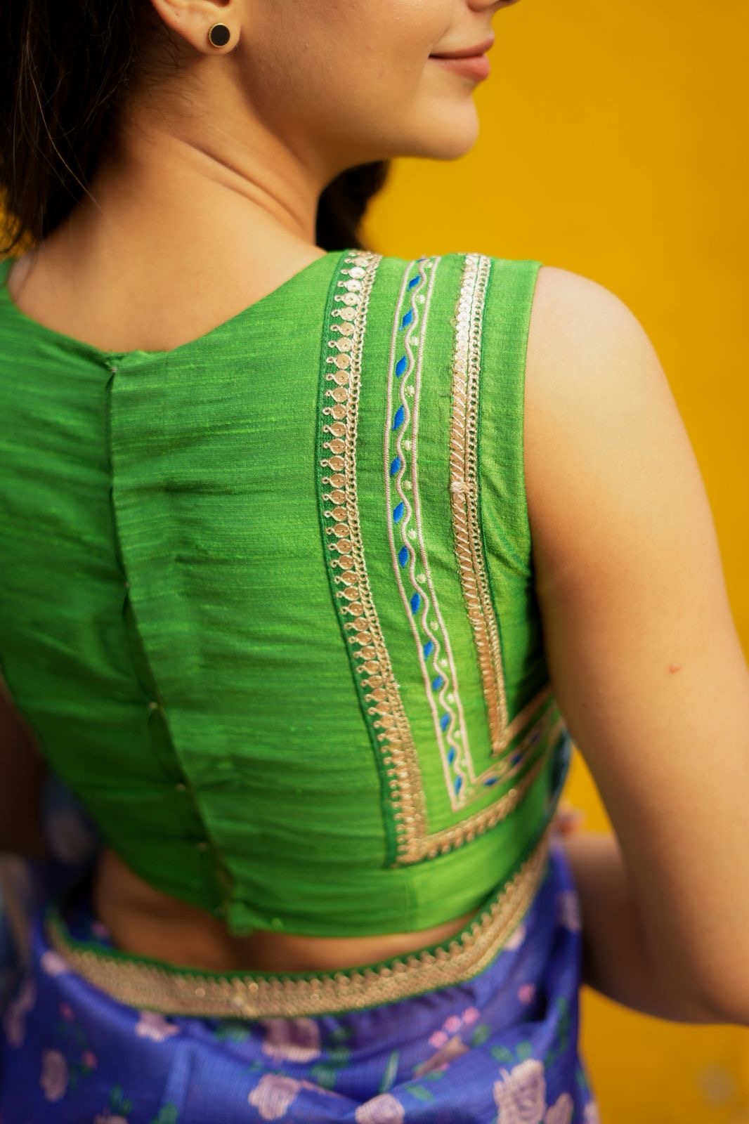 Blue kota saree with green hand work blouse
