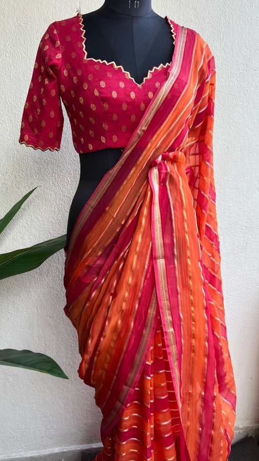 Pink & orange stripped soft organza saree with banarasi hand work blouse