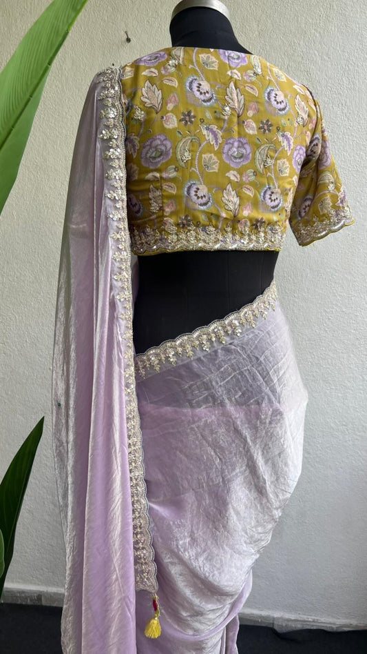 Lilliac soft tissue saree with yellow floral blouse