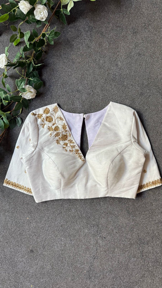 White silk shoulder hand worked blouse