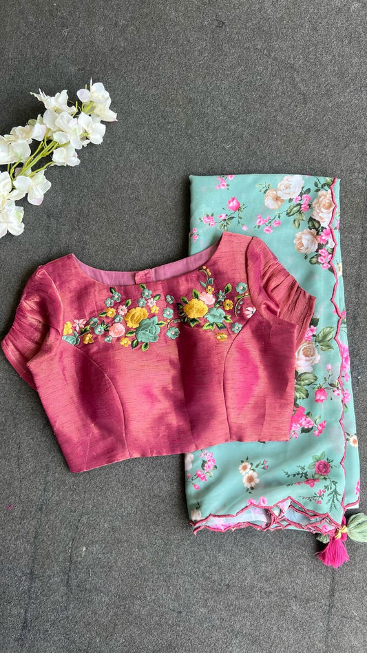Pink tissue floral embroidery blouse (only blouse)