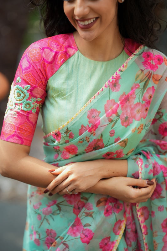 Pink & pista floral hand worked blouse