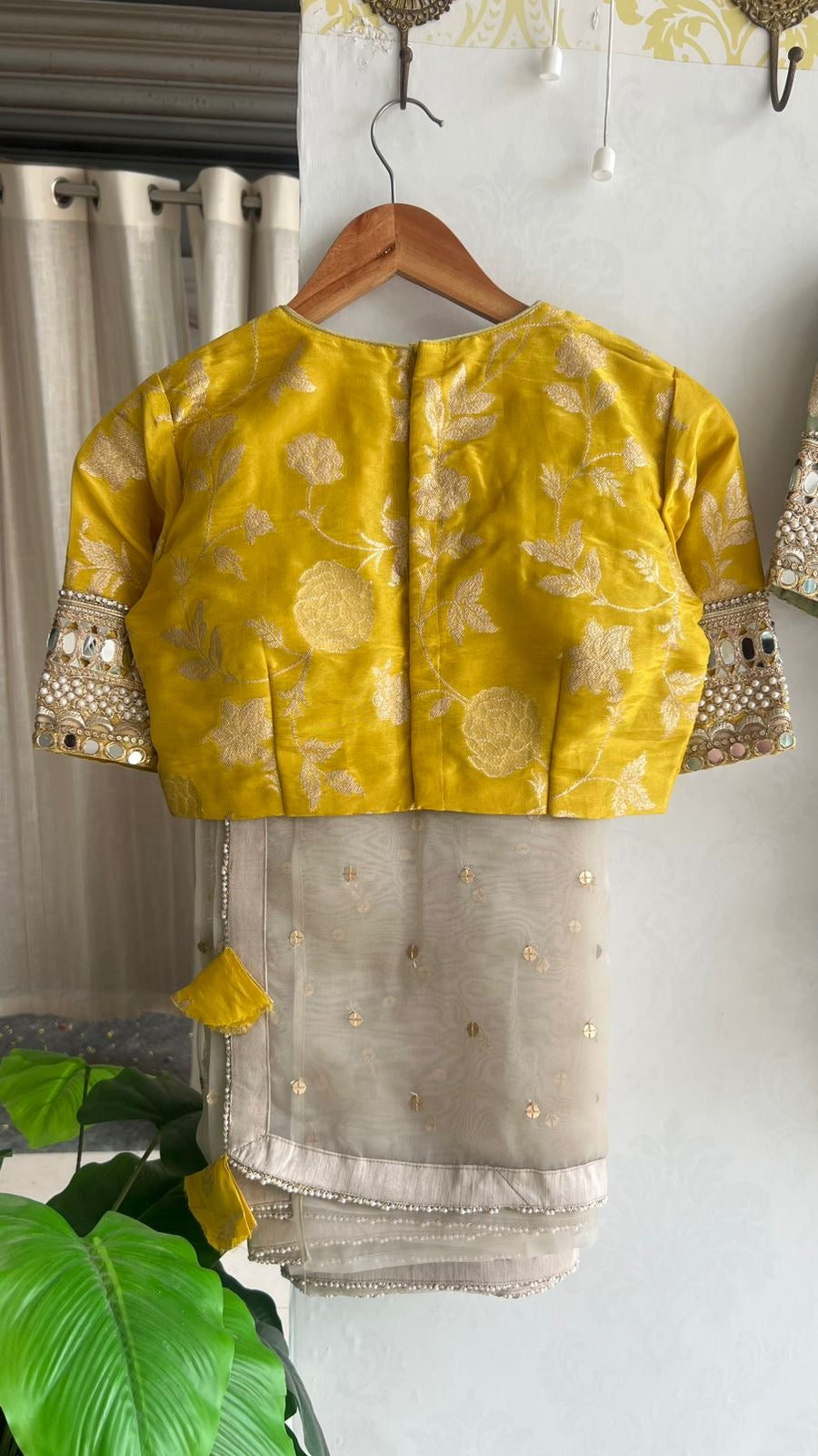 Silver grey organza saree with yellow banarasi blouse