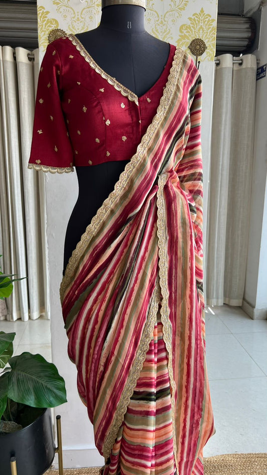 Rainbow chiffon saree with maroon hand made blouse