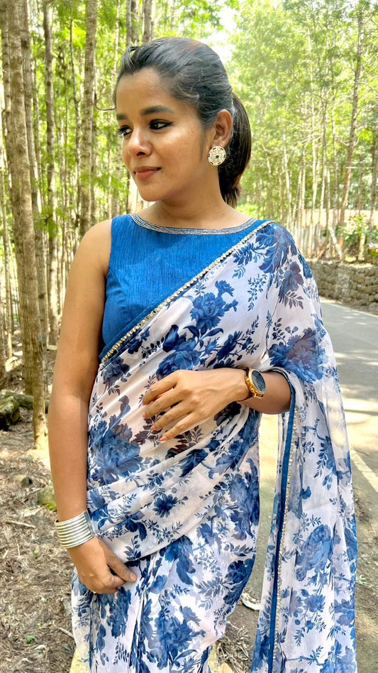 White blue organza saree with hand work blouse