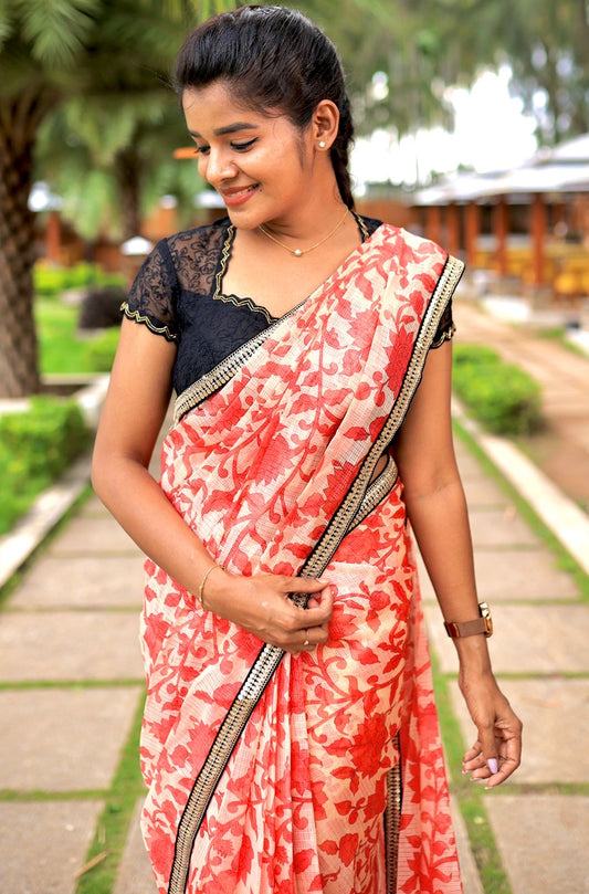 Cream red kota doria designer saree