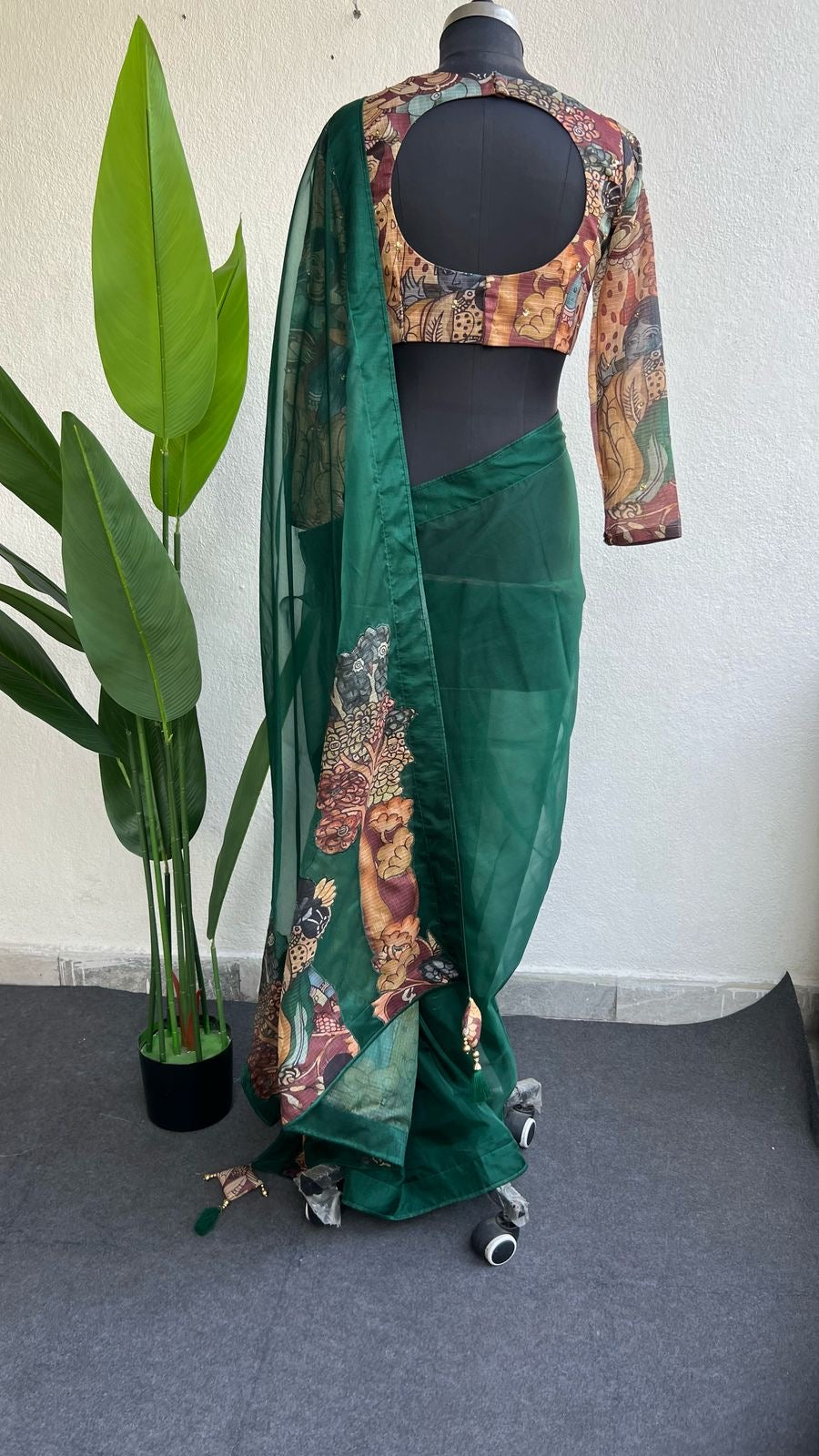 Green soft organza saree with kota kalamkari blouse