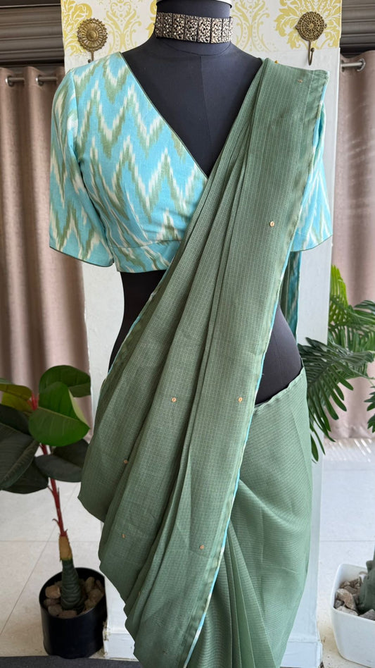 Green kota saree with blue cotton blouse