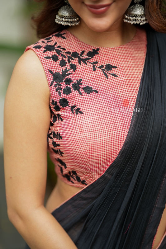 Black mul chanderi saree with pink embroidery blouse