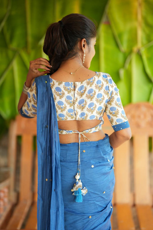 Blue malai chanderi saree with floral print blouse