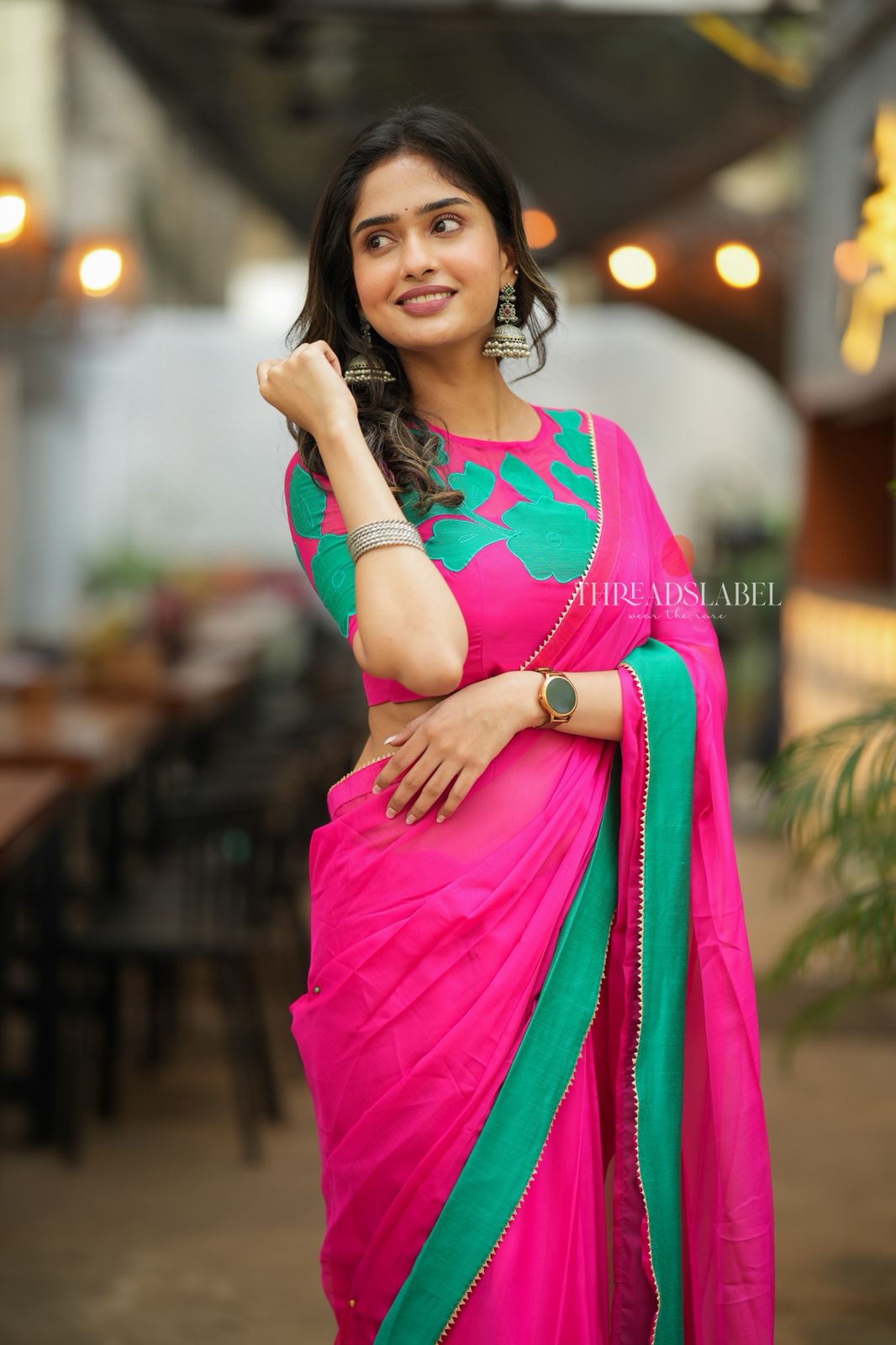 Pink cyan blue floral hand work blouse (only blouse)