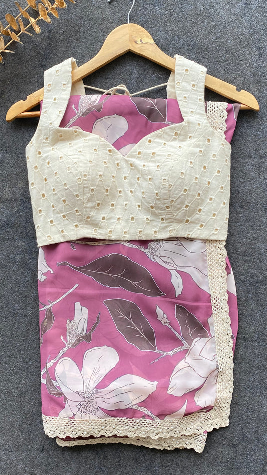 Lilac pink georgette saree with white embroidery blouse