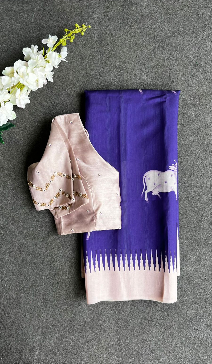 Purple cow tusser saree with hand worked blouse