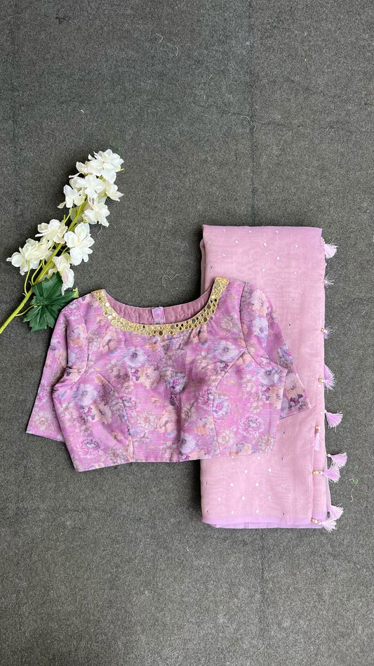 Lavender georgette mirror floral blouse(only blouse)