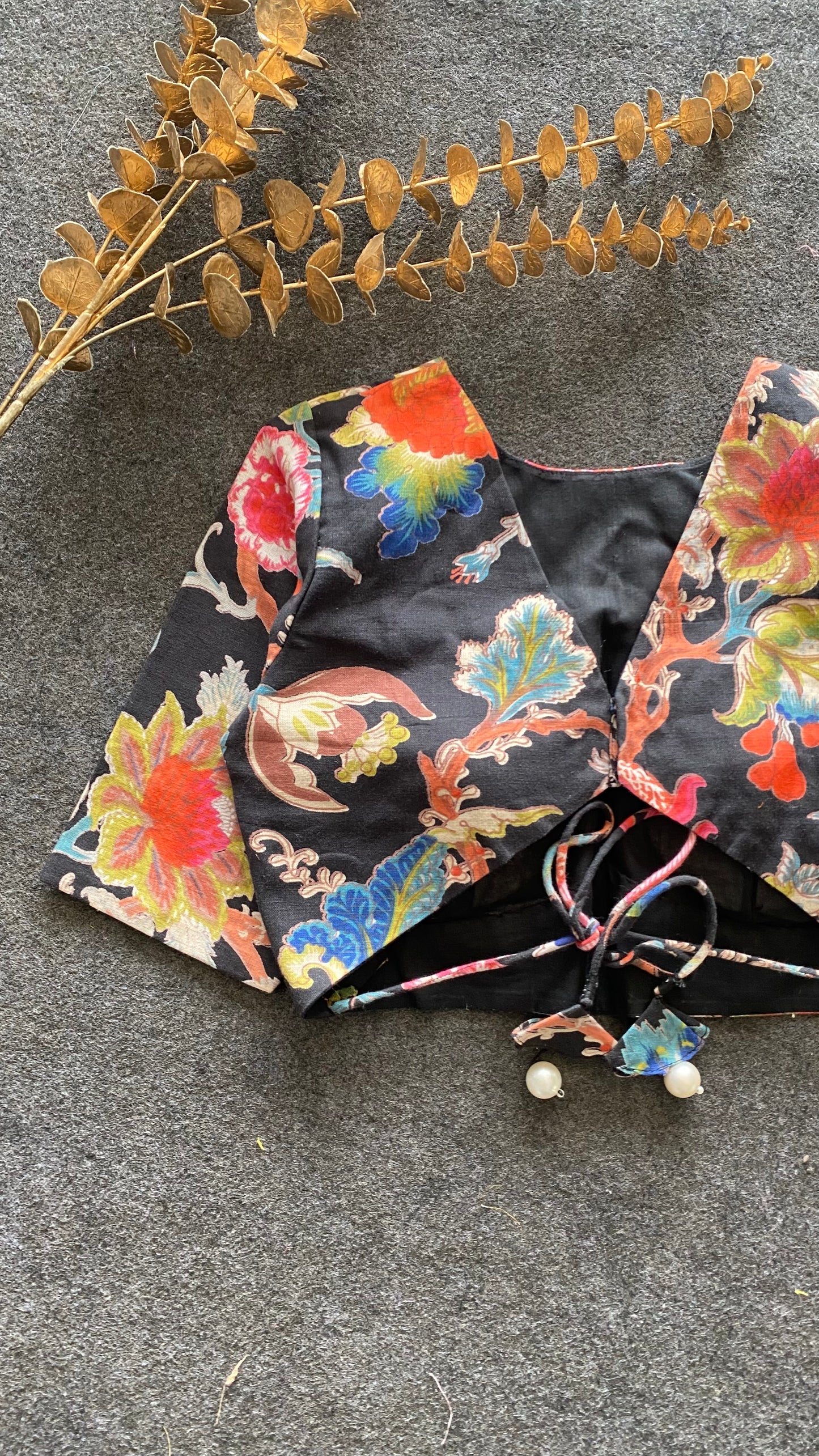Black floral printed cotton blouse