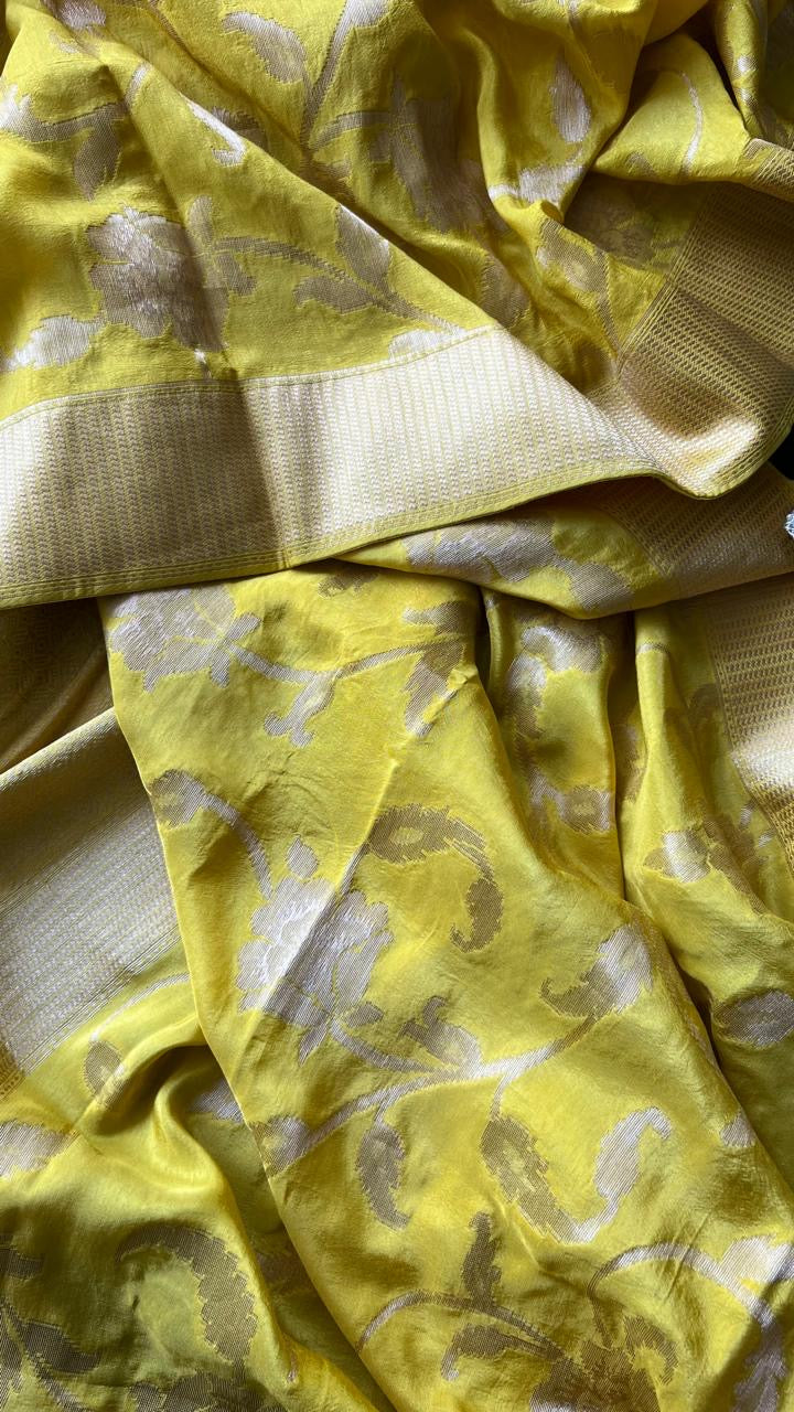 Yellow banarasi saree with green silk hand embroidery blouse