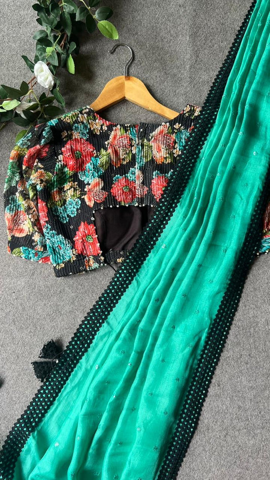 Cyan blue designer saree with hand worked blouse